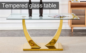 English Elm Large Tempered Glass Dining Table Seats Eight with Gold Plated Stainless Steel Base W1512S00192