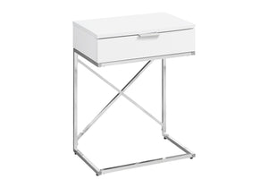 English Elm Accent Table With Storage Drawer - Modern Glossy White & Chrome Design For Living Room & Bedroom B2710P219296