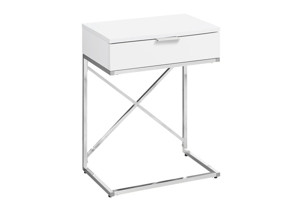 English Elm Accent Table With Storage Drawer - Modern Glossy White & Chrome Design For Living Room & Bedroom B2710P219296
