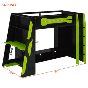 English Elm Twin Gaming Loft Bed with Desk Rgb Lighting and Multi-tier Shelves for Teen Rooms Green LT000160AAG