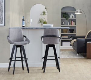 English Elm Fixed-height Swivel Barstools Upholstered Grey Fabric Black Wood Legs Kitchen Set of 2 B202S01892
