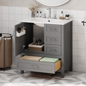 English Elm 30" Gray Bathroom Vanity with Ceramic Sink, Solid Wood Frame, Soft-Close Door & 3 Drawers for Organized Style N729P177787E