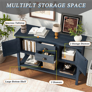 English Elm 46'' Solid Pine Retro Buffet Server with Iron Hardware Drawers Cabinets and Open Shelf Navy Blue W1202P457252