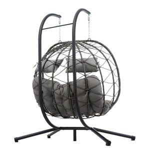 English Elm 2 Person Wicker Hanging Egg Chair with Freestanding Stand Outdoor Patio Swing Seat Light Gray W1703P444369