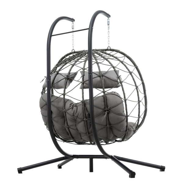 English Elm 2 Person Wicker Hanging Egg Chair with Freestanding Stand Outdoor Patio Swing Seat Light Gray W1703P444369