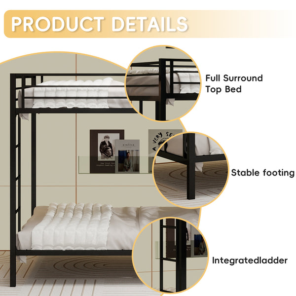 English Elm Multi-Functional Square Tube Iron Bunk Bed with Dual Ladders, Sturdy Space-Saving Frame for Rooms Black W1935P360917