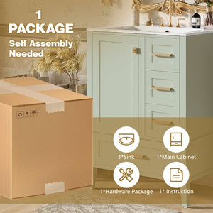 English Elm 24" Olive Bathroom Vanity Solid Wood Frame Ceramic Sink Gold Hardware Soft Close Green N729P373276F