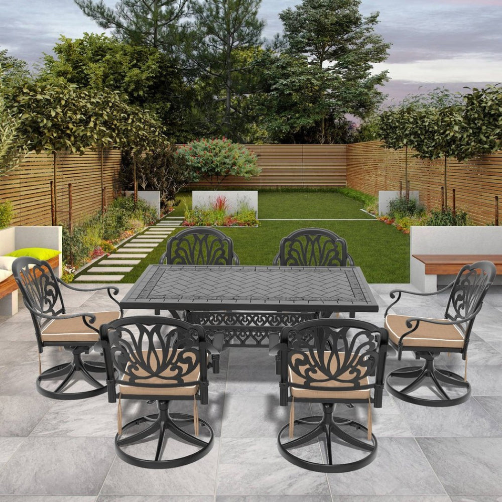 English Elm 7-Piece All-Weather Cast Aluminum Dining Set With 6 Swivel Chairs & Cushions For Outdoor Comfort P1 W1710S00457-GIGA