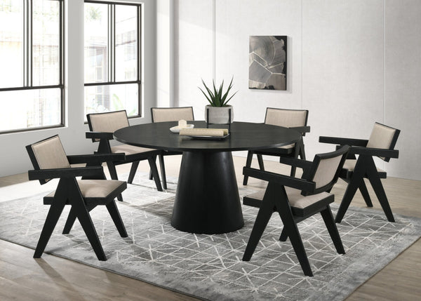 English Elm Jacopo Round Wood Grain Dining Set Seats Six with Upholstered Arm Chairs Pedestal Base B2749S00299