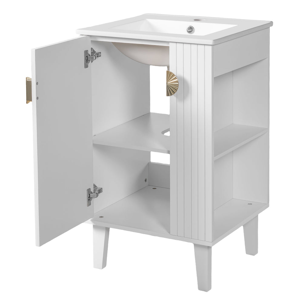 English Elm 20-inch French Style Bathroom Vanity with Integrated Ceramic Sink, Carved Accents & Soft-Close Door White N710P330971K