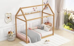 English Elm Twin Size Wooden House Bed with Pine & MDF Frame, Low Height Safety Design, Easy Assembly, 400lb Capacity N716P227423D