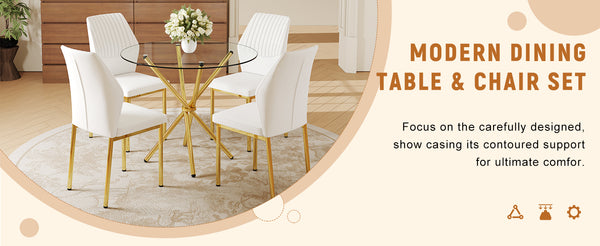 English Elm 4-Piece Modern Luxe Dining Set With Round Glass Table & Elegant White-Gold Chairs For Stylish Interiors W1151S03685