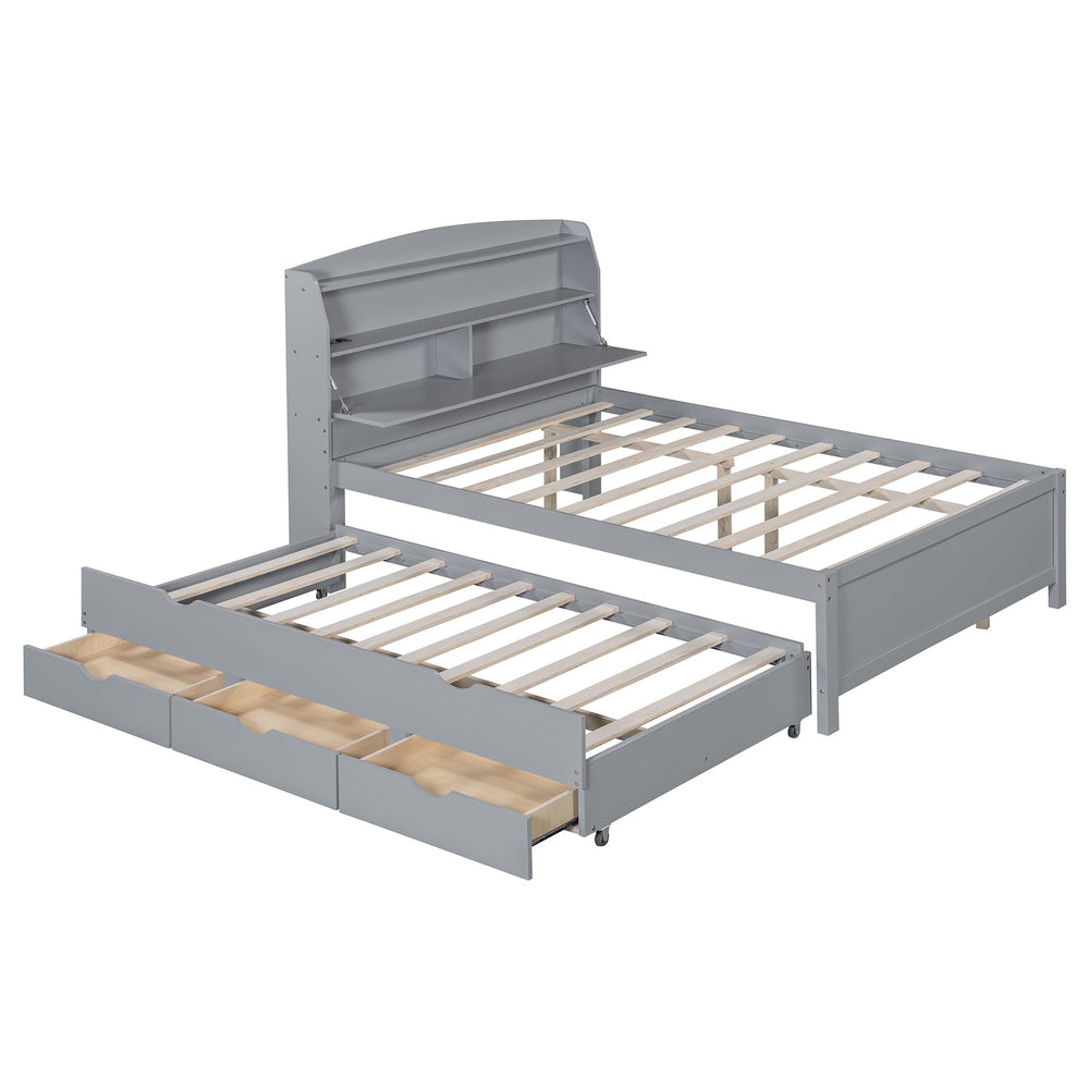 English Elm Full Size Wooden Led Platform Bed With Trundle, Storage Headboard & Usb Charging – Gray Finish N820S10009E