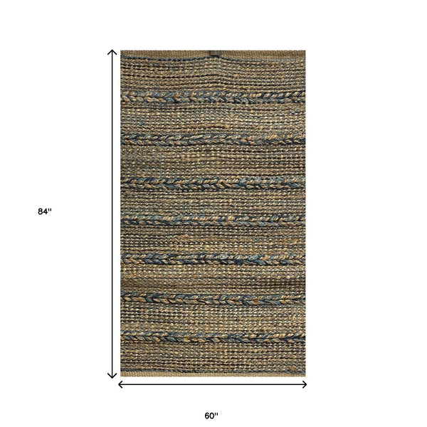 Homeroots 5' X 7' Tan And Blue Hand Woven Area Rug  Jute 396005