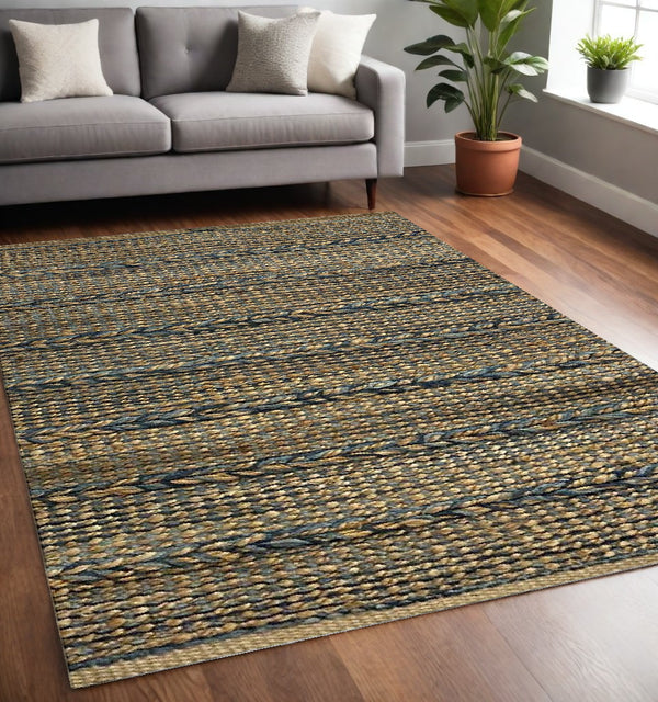Homeroots 5' X 7' Tan And Blue Hand Woven Area Rug  Jute 396005