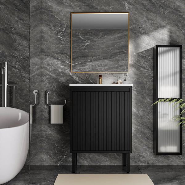 English Elm 24 Compact Bathroom Vanity with Sink — Floor-Standing Stability, Soft-Close Drawers, Large Storage, Durable Finish Black 29.13 L x 6.49 W x 26.37 H W3520S00014