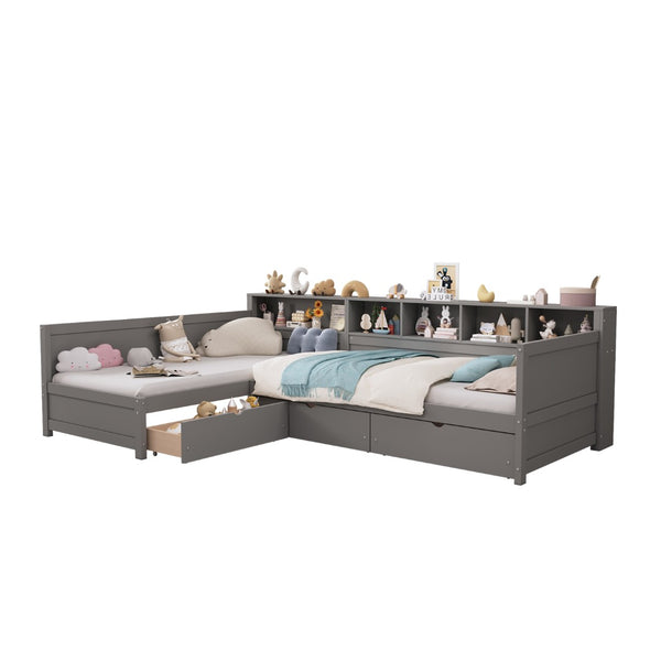 English Elm Twin Corner Daybed with Storage Drawers Bookshelf Wood L-shape Frame for Small Rooms Grey N733S369272E