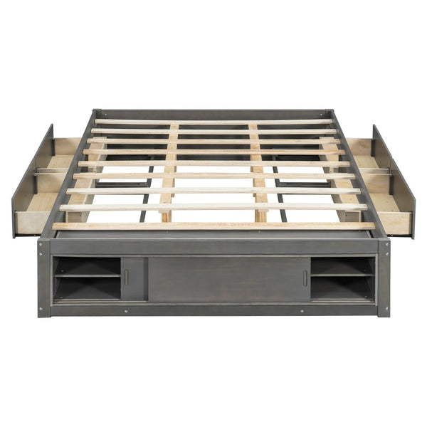 English Elm Queen Platform Bed with Four Storage Drawers Footboard Cubby Modern Low Profile Frame Gray LP000138AAE