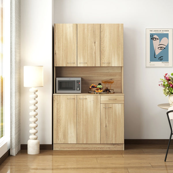 English Elm 70.87" Wardrobe Kitchen Cabinet with 6 Doors, 1 Drawer & Open Shelf — Durable Melamine MDF Storage Solution Oak W331S00057