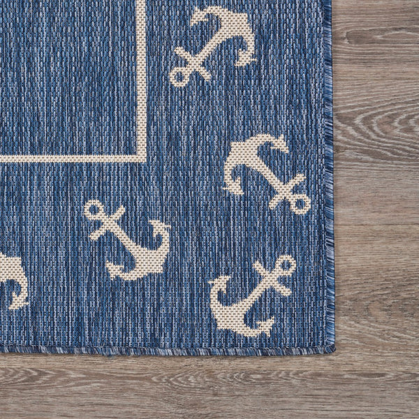 Homeroots 5' X 7' Blue And Natural Nautical Anchor Indoor Outdoor Area Rug  Polypropylene 396118