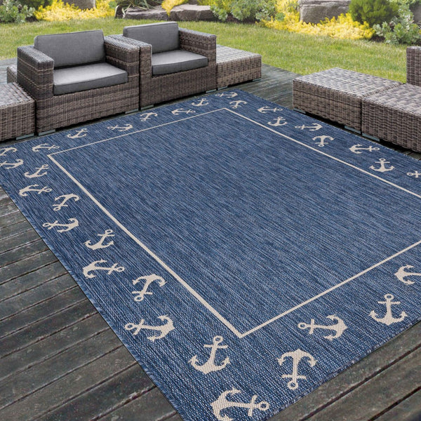 Homeroots 5' X 7' Blue And Natural Nautical Anchor Indoor Outdoor Area Rug  Polypropylene 396118