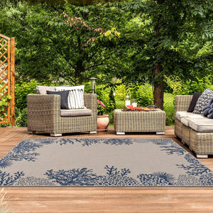 Homeroots 5' X 7' Beige And Blue Coral Stain Resistant Indoor Outdoor Area Rug  Polypropylene And Polyester Blend 396120