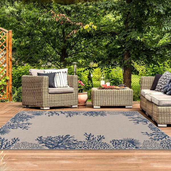 Homeroots 5' X 7' Beige And Blue Coral Stain Resistant Indoor Outdoor Area Rug  Polypropylene And Polyester Blend 396120