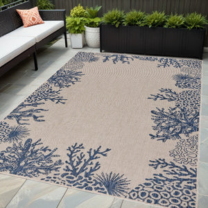 Homeroots 5' X 7' Beige And Blue Coral Stain Resistant Indoor Outdoor Area Rug  Polypropylene And Polyester Blend 396120