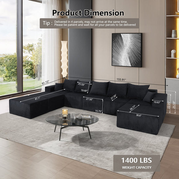 English Elm 8-Piece Modular U-Shaped Sectional Sofa with Oversized Chaise and Bed, Corduroy Luxury, No Assembly Needed Black W3163S00042