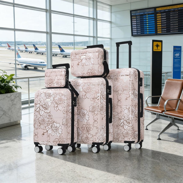 English Elm 6 Piece Hardshell Abs Travel Set with Spinner Wheels Combination Lock and Toiletry Bag Pink Flower N732P391160U