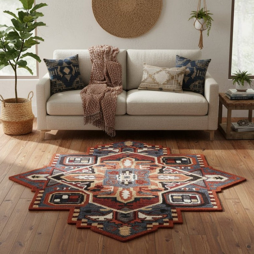 HomeRoots 5' Blue Rust and Orange Wool Medallion Hand-Tufted Area Rug for Stylish Home Décor and Comfort 5' Round 396154