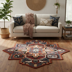 HomeRoots 5' Blue Rust and Orange Wool Medallion Hand-Tufted Area Rug for Stylish Home Décor and Comfort 5' Round 396154