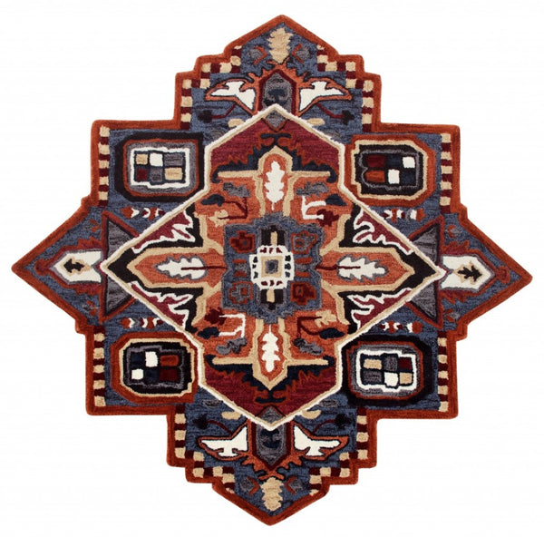 HomeRoots 7' Handcrafted Blue and Red Wool Area Rug - Vibrant, Artisan Quality for Modern and Transitional Spaces 7' Round 396155
