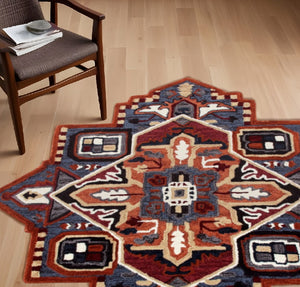 HomeRoots 7' Handcrafted Blue and Red Wool Area Rug - Vibrant, Artisan Quality for Modern and Transitional Spaces 7' Round 396155