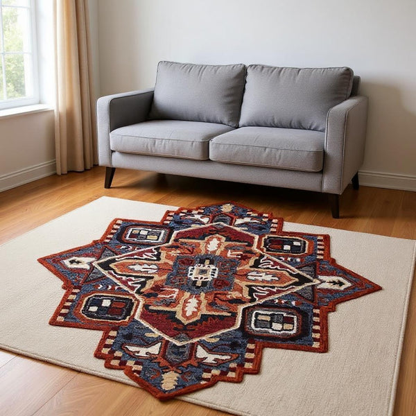 HomeRoots 7' Handcrafted Blue and Red Wool Area Rug - Vibrant, Artisan Quality for Modern and Transitional Spaces 7' Round 396155