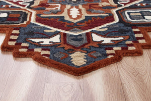HomeRoots 7' Handcrafted Blue and Red Wool Area Rug - Vibrant, Artisan Quality for Modern and Transitional Spaces 7' Round 396155