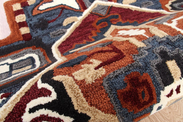 HomeRoots 7' Handcrafted Blue and Red Wool Area Rug - Vibrant, Artisan Quality for Modern and Transitional Spaces 7' Round 396155