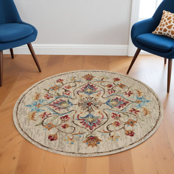 HomeRoots 6' Beige Hand-Tufted Wool Area Rug - Plush, Elegant Design for Living Room & Bedroom Decor 6' Round 396159