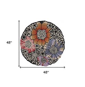 HomeRoots 4' Floral Area Rug in Red and Black – Hand-Tufted Wool-Cotton Blend for Modern Comfort and Style 4' Round 396164