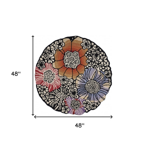 HomeRoots 4' Floral Area Rug in Red and Black – Hand-Tufted Wool-Cotton Blend for Modern Comfort and Style 4' Round 396164
