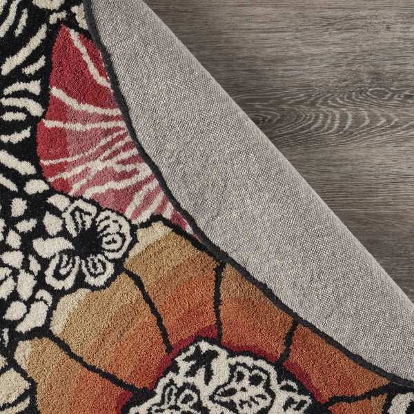 HomeRoots 4' Floral Area Rug in Red and Black – Hand-Tufted Wool-Cotton Blend for Modern Comfort and Style 4' Round 396164