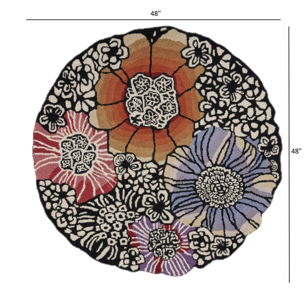 HomeRoots 4' Floral Area Rug in Red and Black – Hand-Tufted Wool-Cotton Blend for Modern Comfort and Style 4' Round 396164