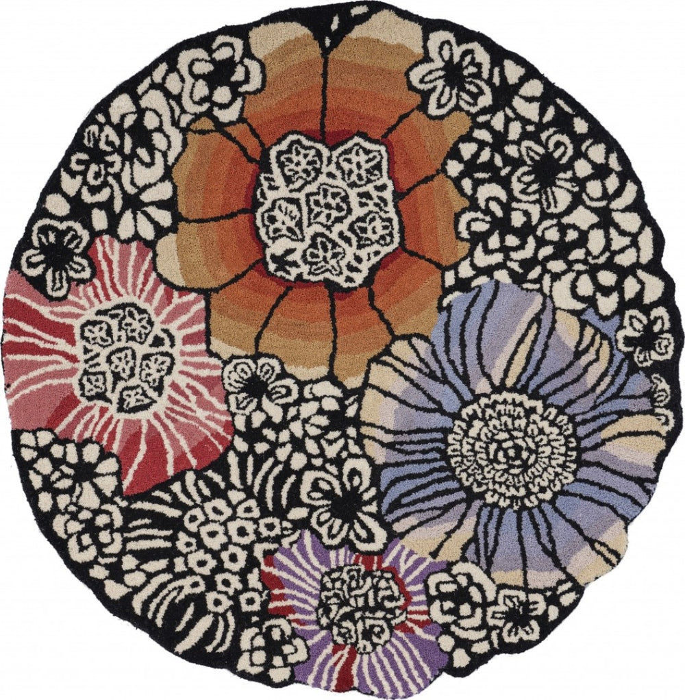HomeRoots 4' Floral Area Rug in Red and Black – Hand-Tufted Wool-Cotton Blend for Modern Comfort and Style 6' Round 396165