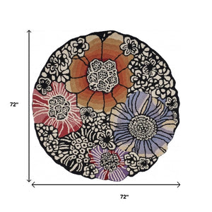 HomeRoots 4' Floral Area Rug in Red and Black – Hand-Tufted Wool-Cotton Blend for Modern Comfort and Style 6' Round 396165