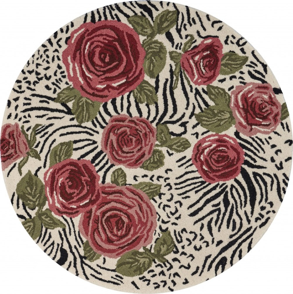 HomeRoots 4' Elegant Red Rose Bed Area Rug - Hand-Tufted Wool & Cotton, Plush, Versatile Floral Design 4' Round 396166