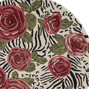 HomeRoots 4' Elegant Red Rose Bed Area Rug - Hand-Tufted Wool & Cotton, Plush, Versatile Floral Design 4' Round 396166
