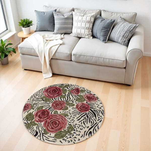 HomeRoots 4' Elegant Red Rose Bed Area Rug - Hand-Tufted Wool & Cotton, Plush, Versatile Floral Design 4' Round 396166