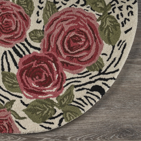 Homeroots 4' Round Red Rose Bed Area Rug  Wool 396166