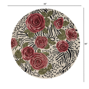 Homeroots 4' Round Red Rose Bed Area Rug  Wool 396166