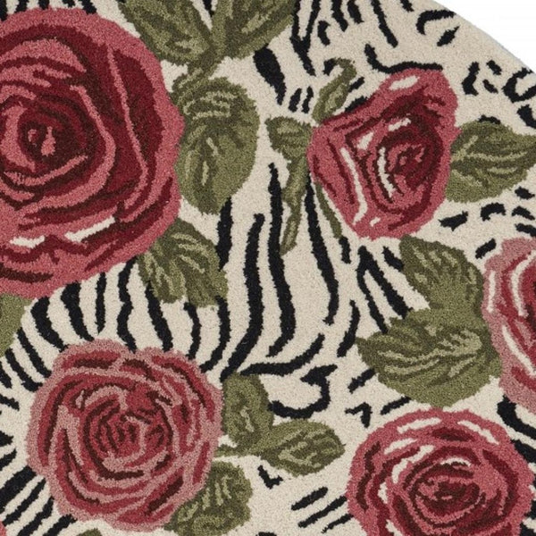 HomeRoots 4' Elegant Red Rose Bed Area Rug - Hand-Tufted Wool & Cotton, Plush, Versatile Floral Design 4' Round 396166